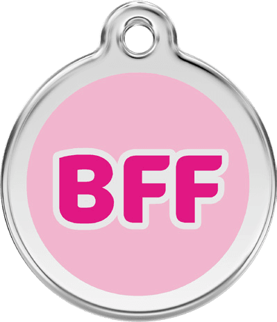 Red Dingo stainless steel and pink enamel round pet ID tag with a BFF design