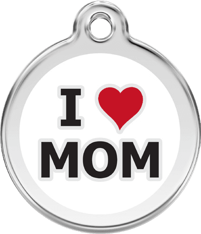 Red Dingo stainless steel and white enamel round pet ID tag with an I love Mom design
