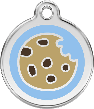 Red Dingo stainless steel and blue enamel round pet ID tag with a cookie design