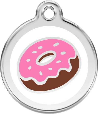 Red Dingo stainless steel and enamel round pet ID tag with a pink iced donut design