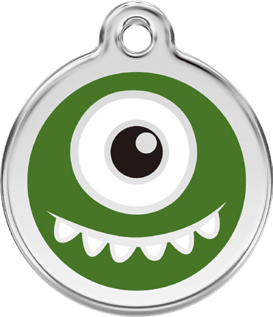 Red Dingo stainless steel and green enamel round pet ID tag with a one-eyed monster design
